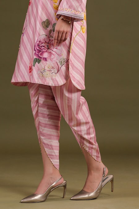 Label Niti Bothra_Pink Silk, Chanderi Embroidery V-neck Striped Kurta Set _Online_at_Aza_Fashions
