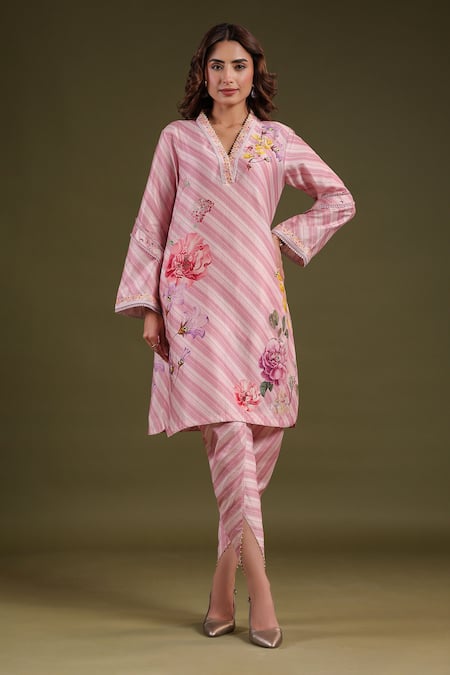 Buy_Label Niti Bothra_Pink Silk, Chanderi Embroidery V-neck Striped Kurta Set _Online_at_Aza_Fashions