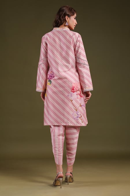 Shop_Label Niti Bothra_Pink Silk, Chanderi Embroidery V-neck Striped Kurta Set _at_Aza_Fashions