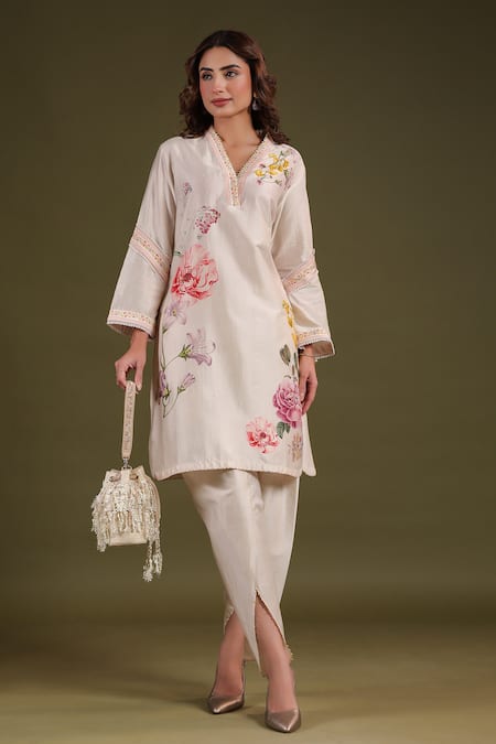 Label Niti Bothra Cream Silk, Chanderi Embroidery V-neck Floral Printed Kurta Set 