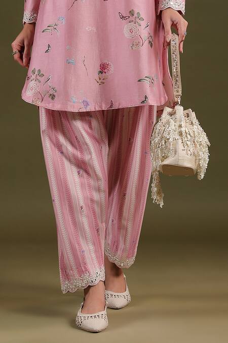 Label Niti Bothra_Pink Silk, Chanderi Lace Split V-neck Noor Zipper Kurta Set _at_Aza_Fashions