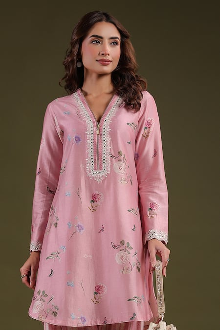 Buy_Label Niti Bothra_Pink Silk, Chanderi Lace Split V-neck Noor Zipper Kurta Set 