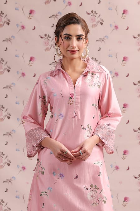 Label Niti Bothra Pink Silk, Chanderi Embroidery Collared Noor Kurta Set Online at Aza Fashions Label Niti Bothra_Pink Silk, Chanderi Embroidery Collared Noor Kurta Set _Online_at_Aza_Fashions
