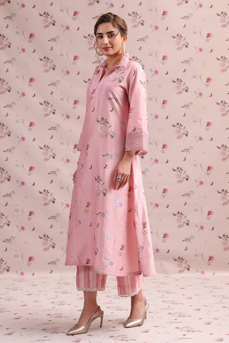 Buy_Label Niti Bothra_Pink Silk, Chanderi Embroidery Collared Noor Kurta Set _Online_at_Aza_Fashions