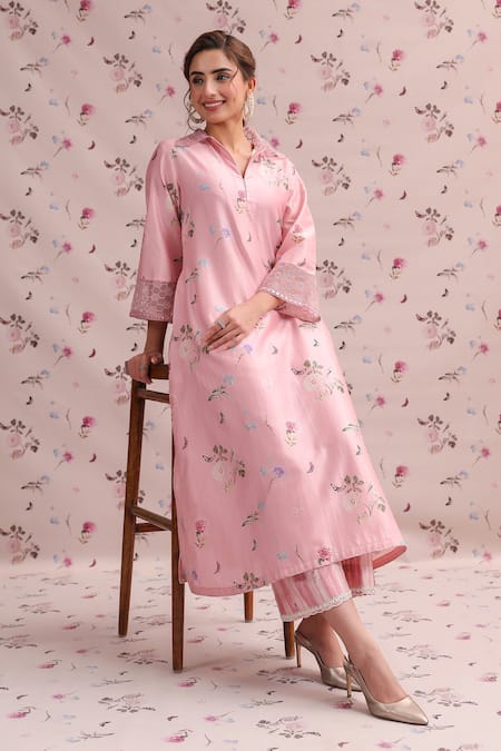 Shop_Label Niti Bothra_Pink Silk, Chanderi Embroidery Collared Noor Kurta Set _Online_at_Aza_Fashions