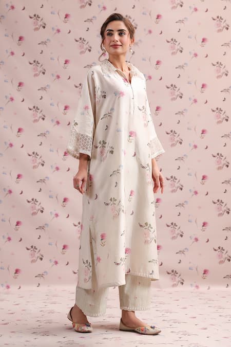 Label Niti Bothra_Ivory Silk, Chanderi Embroidery Collared Noor Kurta Set _Online_at_Aza_Fashions