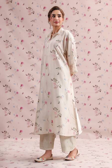 Buy_Label Niti Bothra_Ivory Silk, Chanderi Embroidery Collared Noor Kurta Set _Online_at_Aza_Fashions