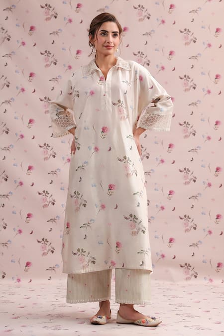Label Niti Bothra Ivory Silk, Chanderi Embroidery Collared Noor Kurta Set 