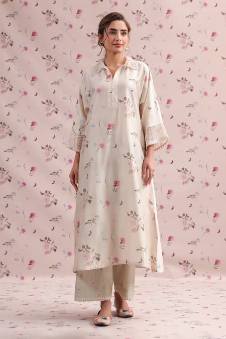 Shop_Label Niti Bothra_Ivory Silk, Chanderi Embroidery Collared Noor Kurta Set _Online_at_Aza_Fashions