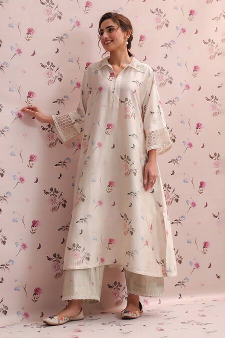 Label Niti Bothra_Ivory Silk, Chanderi Embroidery Collared Noor Kurta Set _at_Aza_Fashions
