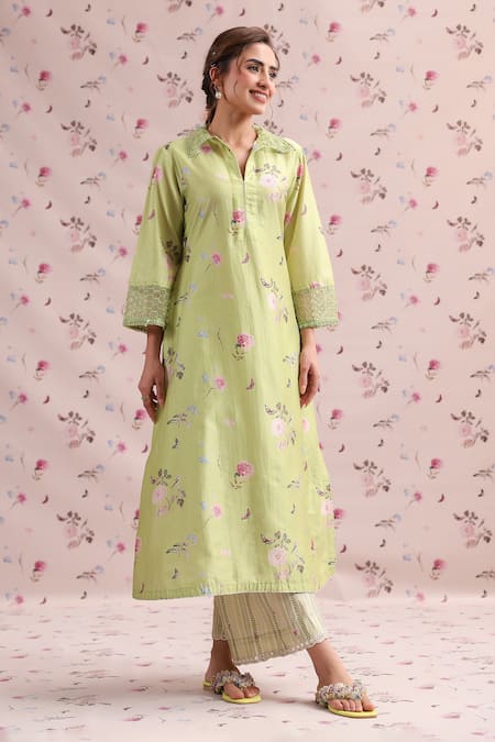 Buy_Label Niti Bothra_Green Silk, Chanderi Embroidery, Fringe Collared Noor Printed Kurta Set _Online_at_Aza_Fashions