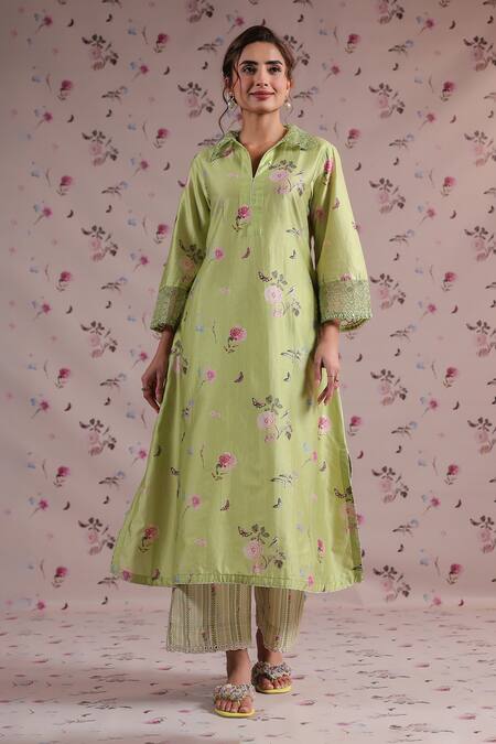 Shop_Label Niti Bothra_Green Silk, Chanderi Embroidery, Fringe Collared Noor Printed Kurta Set _Online_at_Aza_Fashions