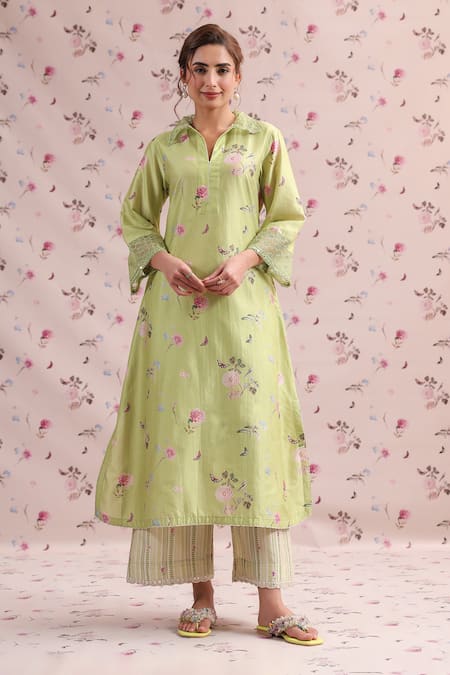 Label Niti Bothra Green Silk, Chanderi Embroidery, Fringe Collared Noor Printed Kurta Set 