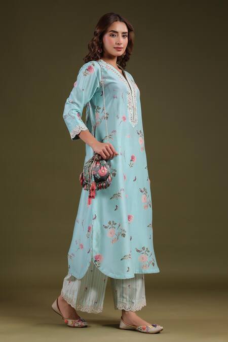 Label Niti Bothra_Blue Silk, Chanderi Embroidery V-neck Noor Long Zipper Kurta Set _Online_at_Aza_Fashions