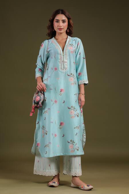 Buy_Label Niti Bothra_Blue Silk, Chanderi Embroidery V-neck Noor Long Zipper Kurta Set _Online_at_Aza_Fashions