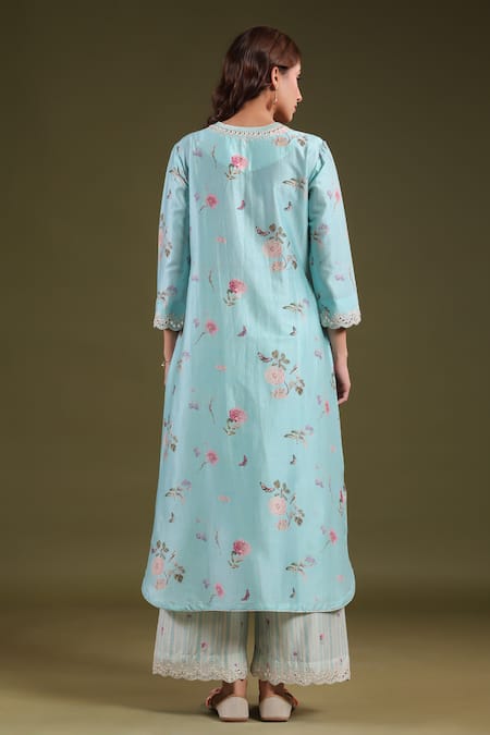 Shop_Label Niti Bothra_Blue Silk, Chanderi Embroidery V-neck Noor Long Zipper Kurta Set _at_Aza_Fashions