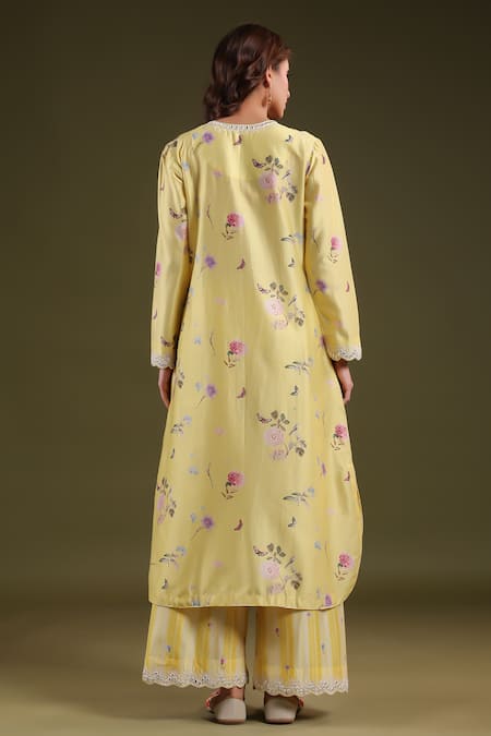 Shop_Label Niti Bothra_Yellow Silk, Chanderi Lace V-neck Printed Kurta Set _at_Aza_Fashions