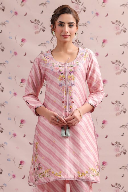 Shop Label Niti Bothra Pink Silk, Chanderi Embroidery Round Neck Noor Striped Straight Kurta Set Online at Aza Fashions Shop_Label Niti Bothra_Pink Silk, Chanderi Embroidery Round Neck Noor Striped Straight Kurta Set _Online_at_Aza_Fashions