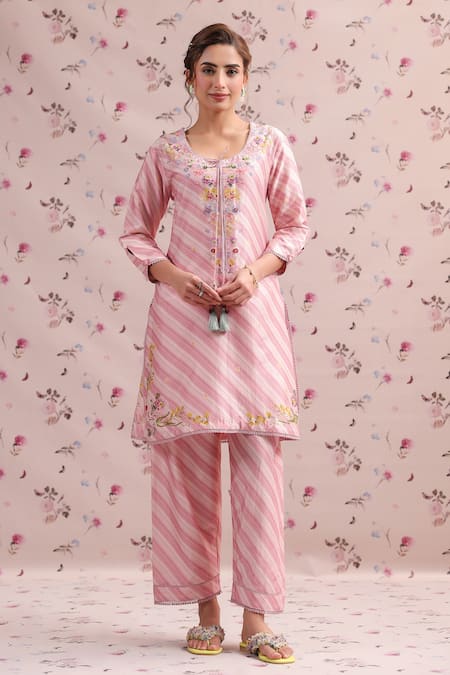 Label Niti Bothra Pink Silk, Chanderi Embroidery Round Neck Noor Striped Straight Kurta Set 