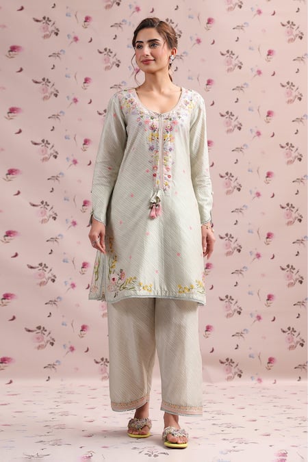 Label Niti Bothra_Green Silk, Chanderi Embroidery, Tassels Round Neck Noor Striped Kurta Set _at_Aza_Fashions