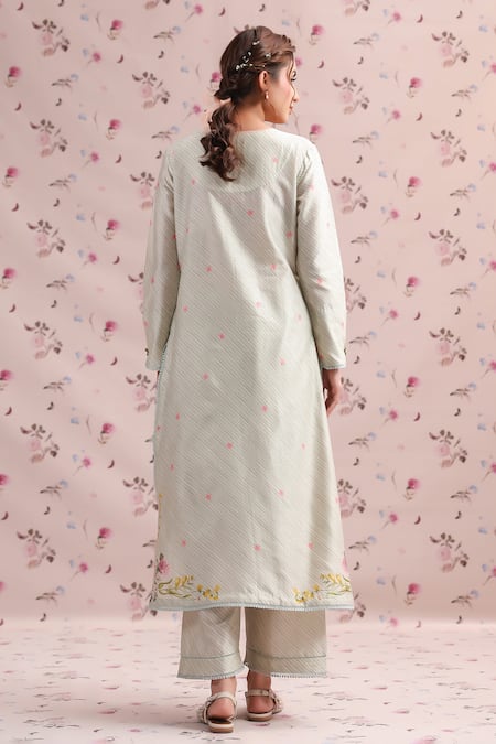 Shop_Label Niti Bothra_Green Silk, Chanderi Tassels, Embroidery Round Neck Noor Striped Long Kurta Set _at_Aza_Fashions