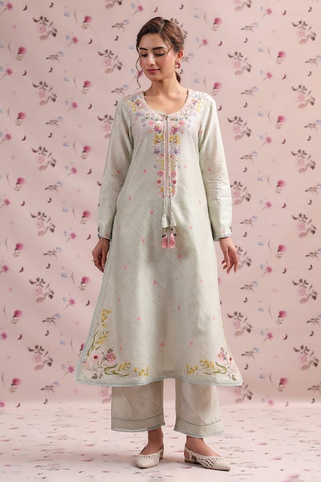 Label Niti Bothra Green Silk, Chanderi Tassels, Embroidery Round Neck Noor Striped Long Kurta Set 