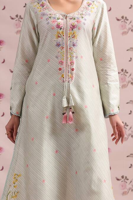 Shop_Label Niti Bothra_Green Silk, Chanderi Tassels, Embroidery Round Neck Noor Striped Long Kurta Set _Online_at_Aza_Fashions