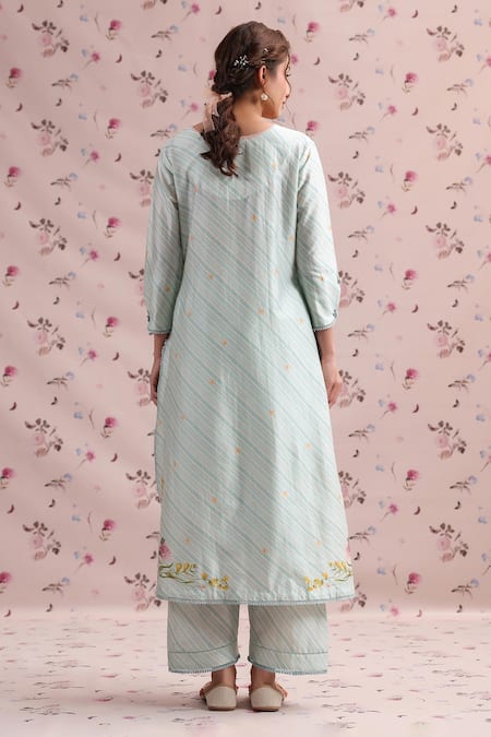Shop_Label Niti Bothra_Blue Silk, Chanderi Embroidery, Tassels Noor Striped Straight Long Kurta Set _at_Aza_Fashions