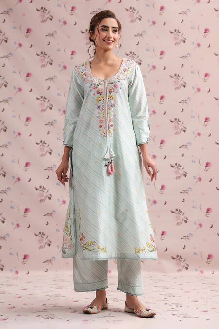 Label Niti Bothra_Blue Silk, Chanderi Embroidery, Tassels Noor Striped Straight Long Kurta Set _Online_at_Aza_Fashions