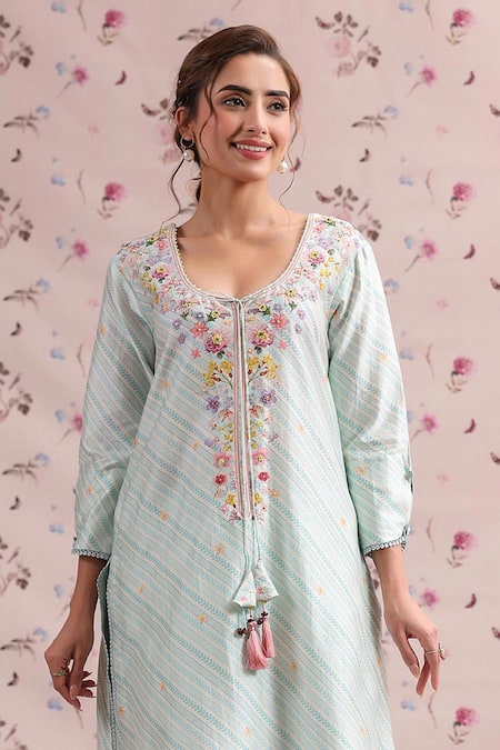 Shop Label Niti Bothra Blue Silk, Chanderi Embroidery, Tassels Noor Striped Straight Long Kurta Set Online at Aza Fashions Shop_Label Niti Bothra_Blue Silk, Chanderi Embroidery, Tassels Noor Striped Straight Long Kurta Set _Online_at_Aza_Fashions