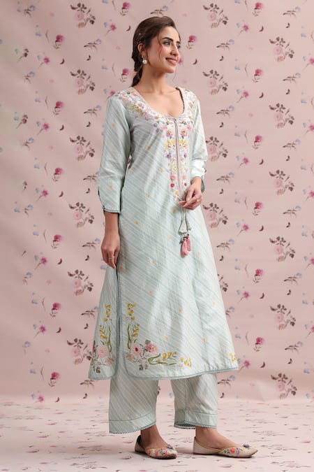 Label Niti Bothra_Blue Silk, Chanderi Embroidery, Tassels Noor Striped Straight Long Kurta Set _at_Aza_Fashions