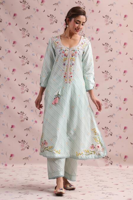 Buy_Label Niti Bothra_Blue Silk, Chanderi Embroidery, Tassels Noor Striped Straight Long Kurta Set 