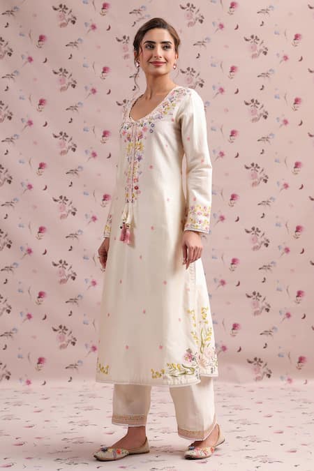 Shop_Label Niti Bothra_Ivory Silk, Chanderi Tassels Round Neck Printed Straight Kurta Set _Online_at_Aza_Fashions