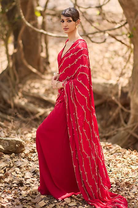Nirmooha Red Crepe Embroidery V-neck Hand Pre-draped Saree With Blouse Online at Aza Fashions Nirmooha_Red Crepe Embroidery V-neck Hand Pre-draped Saree With Blouse _Online_at_Aza_Fashions