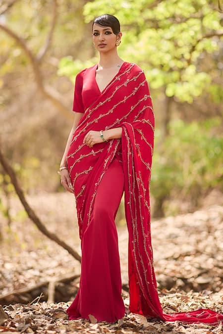 Nirmooha Hand Embroidered Pre-Draped Saree With Blouse 