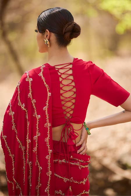 Nirmooha Hand Embroidered Pre-Draped Saree With Blouse 