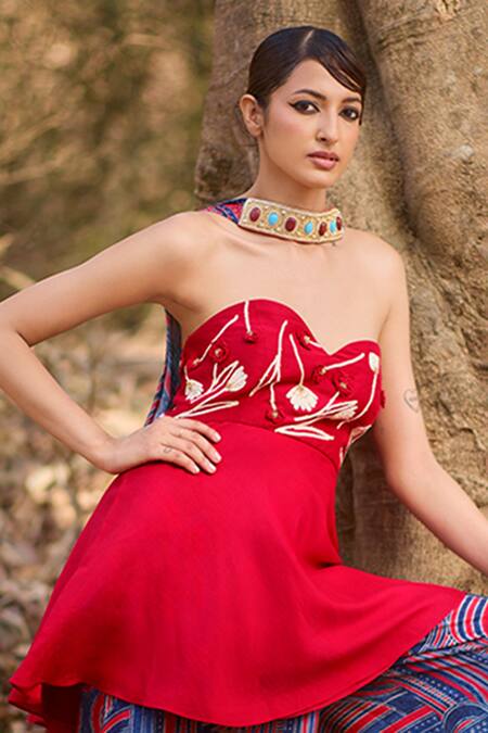 Nirmooha Red Silk Embroidery Off-shoulder Floral Hand Sharara Set Online at Aza Fashions Nirmooha_Red Silk Embroidery Off-shoulder Floral Hand Sharara Set _Online_at_Aza_Fashions