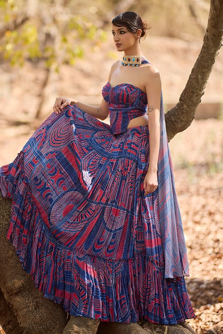 Nirmooha_Blue Chiffon Embroidery Indigo Katha Lehenga Set _Online_at_Aza_Fashions