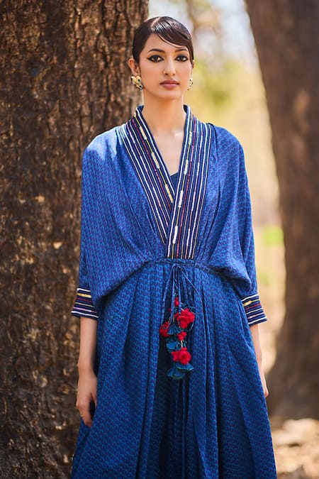 Nirmooha Blue Silk Tassels V-neck Floral Hand Embroidered Kaftan Online at Aza Fashions Nirmooha_Blue Silk Tassels V-neck Floral Hand Embroidered Kaftan _Online_at_Aza_Fashions