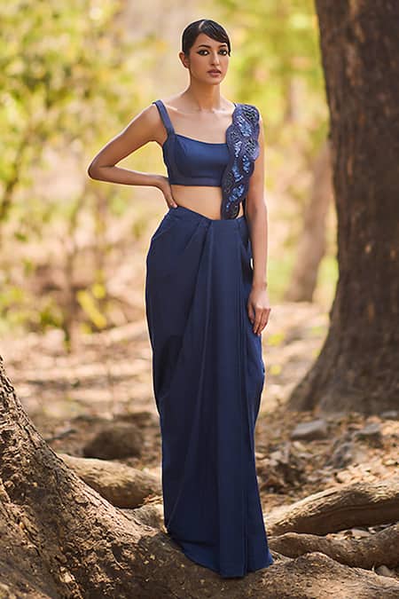 Nirmooha Denim Mirage Pre-Draped Saree With Blouse 