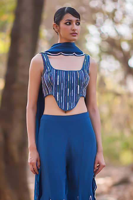 Nirmooha_Blue Crepe Embroidery Square Neck Hand Sharara Set _Online_at_Aza_Fashions