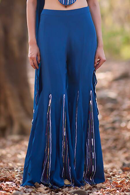 Buy_Nirmooha_Blue Crepe Embroidery Square Neck Hand Sharara Set _Online_at_Aza_Fashions