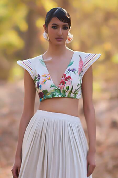 Nirmooha_Ivory Silk Embroidery V-neck Floral Printed Lehenga Set _Online_at_Aza_Fashions