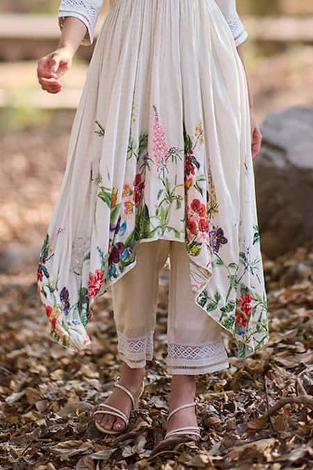 Buy Nirmooha Ivory Silk Embroidery, Lace Round Neck Floral Printed Asymmetrical Anarkali Set Online at Aza Fashions Buy_Nirmooha_Ivory Silk Embroidery, Lace Round Neck Floral Printed Asymmetrical Anarkali Set _Online_at_Aza_Fashions