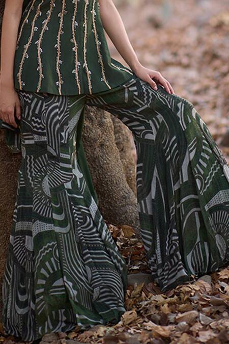 Buy_Nirmooha_Olive Green Chiffon Embroidery Round Neck The Vangaurd Hand Sharara Set _Online_at_Aza_Fashions