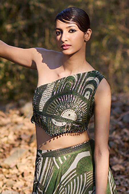 Nirmooha_Olive Green Silk Tassels Asymmetric Tribal Royal Geometric Printed Lehenga Set _Online_at_Aza_Fashions
