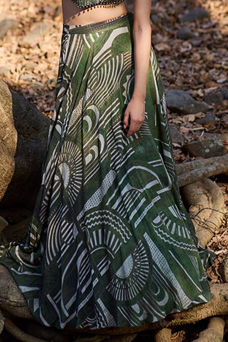Buy_Nirmooha_Olive Green Silk Tassels Asymmetric Tribal Royal Geometric Printed Lehenga Set _Online_at_Aza_Fashions