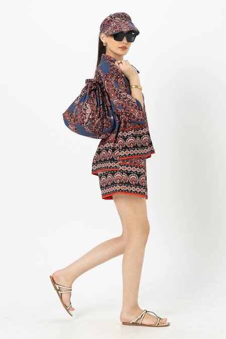 SOBARIKO Blue Linen Collared Designer Deniz Shorts Set Online at Aza Fashions SOBARIKO_Blue Linen Collared Designer Deniz Shorts Set _Online_at_Aza_Fashions