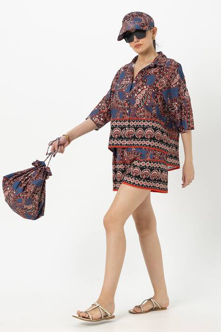 Shop SOBARIKO Blue Linen Collared Designer Deniz Shorts Set Online at Aza Fashions Shop_SOBARIKO_Blue Linen Collared Designer Deniz Shorts Set _Online_at_Aza_Fashions