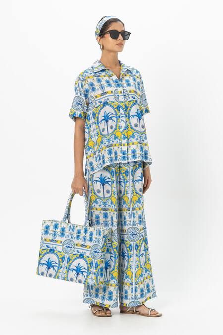 Shop SOBARIKO Multi Color Linen Collared Coco Palm Co-ord Set at Aza Fashions Shop_SOBARIKO_Multi Color Linen Collared Coco Palm Co-ord Set _at_Aza_Fashions